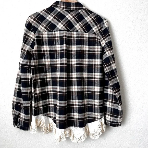 JODIFL Plaid Flannel & Lace Shirt Top Button Western Navy Cream Brown S … - Picture 5 of 8